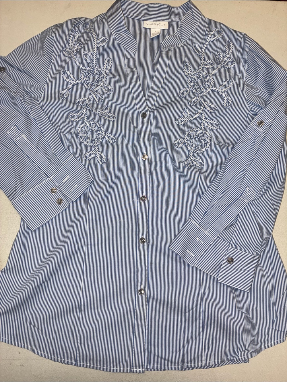 Charter Club Blue and White Pinstripe Shirt with Floral Embroidery